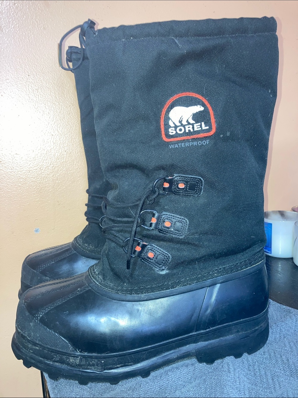 Sorel Black Men’s Waterproof Lace-Up Snow Boots with Orange Accents